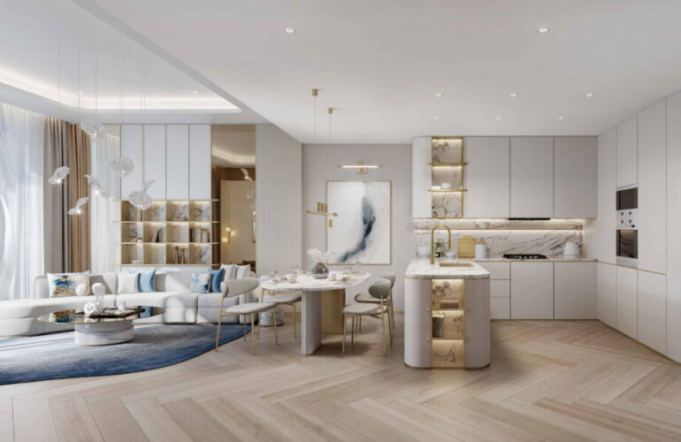 Sleek and bright kitchen with dining area at Beach Walk Grand in Dubai