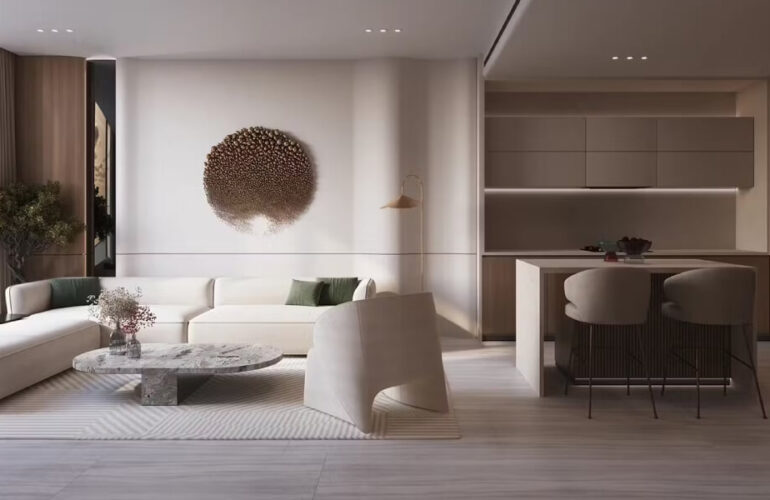 Contemporary living room with dining area in Binghatti Starlight Dubai