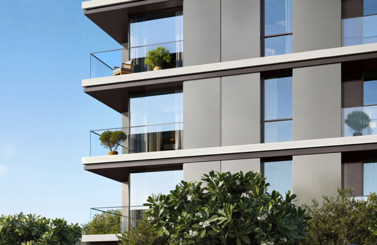 Modern balcony design of Montiva by Vida residence with greenery and glass railings