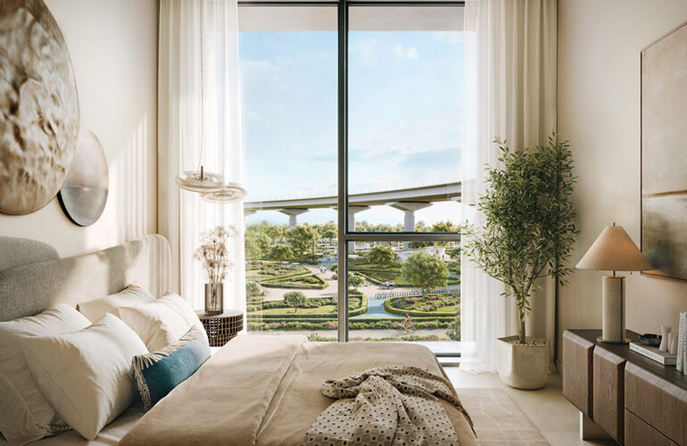 Elegant bedroom in Montiva by Vida with floor-to-ceiling windows and scenic outdoor views