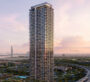 Front view of Montiva by Vida high-rise residential tower at sunset