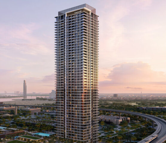 Front view of Montiva by Vida high-rise residential tower at sunset