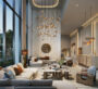 Luxurious living room in Montiva by Vida with high ceilings, modern chandelier, and large windows.
