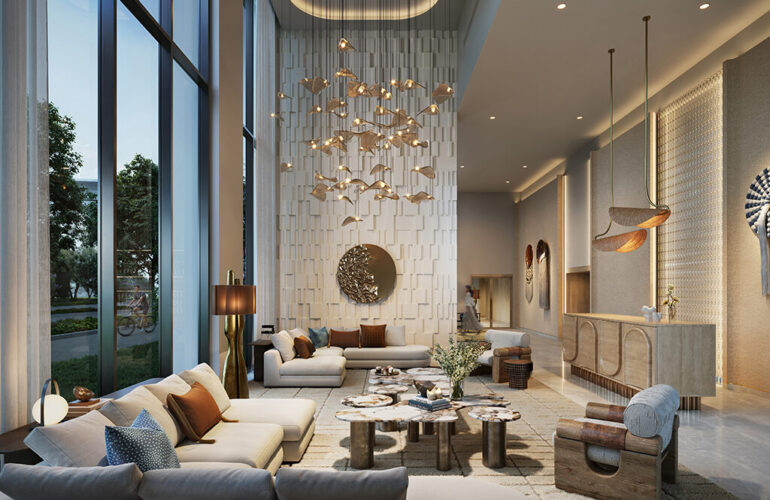 Luxurious living room in Montiva by Vida with high ceilings, modern chandelier, and large windows.