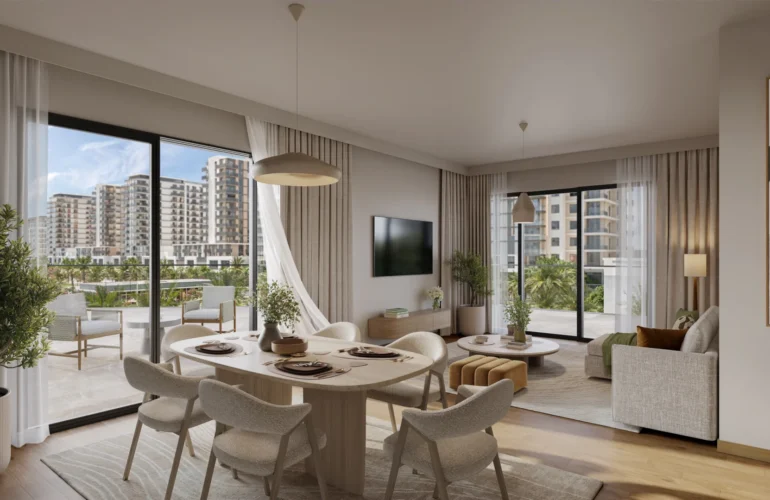 Stylish living and dining space in an Alton home, Town Square Dubai – perfect for gatherings.