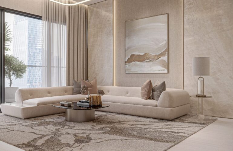 Spacious living room with contemporary décor and natural lighting at Nuvana Dubai