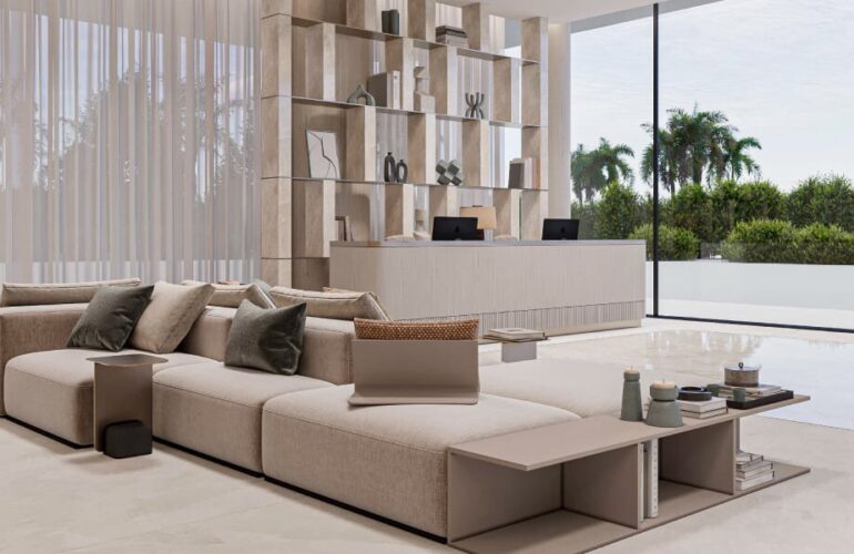 Minimalist lounge area with modern design and large glass windows at Nuvana Dubai.