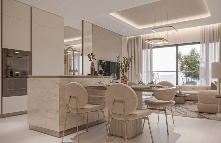 Open-plan kitchen and dining area with modern furniture at Nuvana by Wadan Development