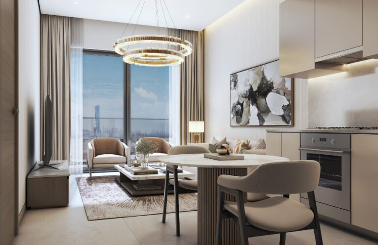 Stylish modern kitchen and dining area in Sobha Central apartment