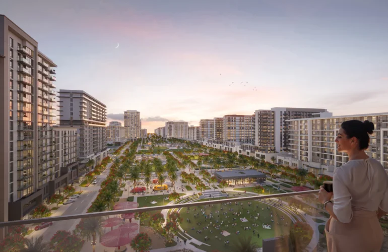 Relaxing view over the central park at Alton by Nshama in Dubai, perfect for evening strolls.