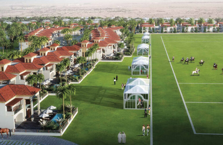 A vibrant polo community with red-roofed villas and a well-maintained polo field at Al Habtoor Polo Resort & Club Dubai.