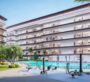 Modern residential buildings surrounding a vibrant pool area