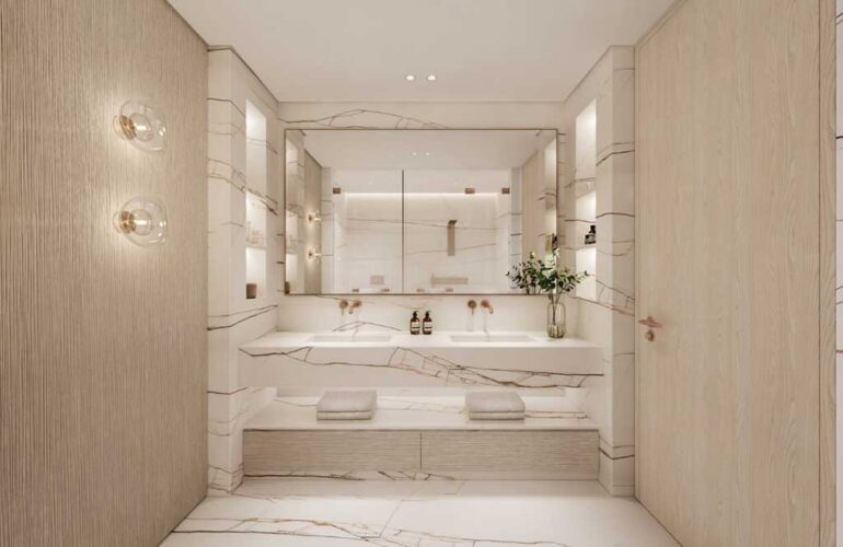 Spacious bathroom with double vanity and marble finishes at Dubai Harbour Residences