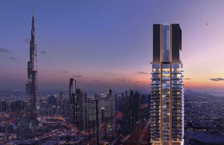 rump Tower by DARGLOBAL in Dubai with views of Burj Khalifa at dusk