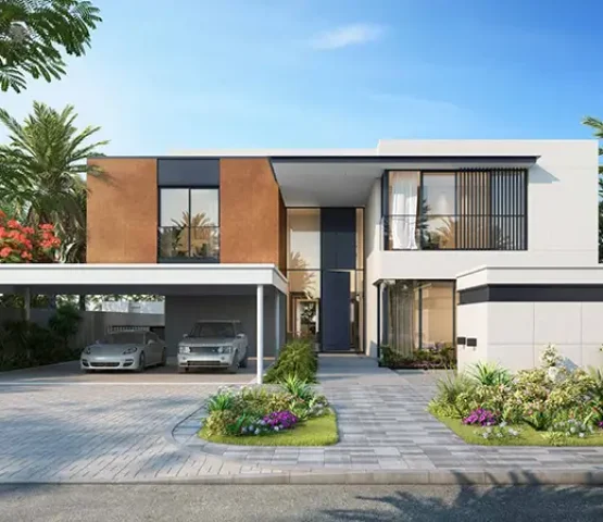 Modern private villa in Saadiyat Lagoons Wilds, Dubai, with landscaped entry and sleek architectural lines.