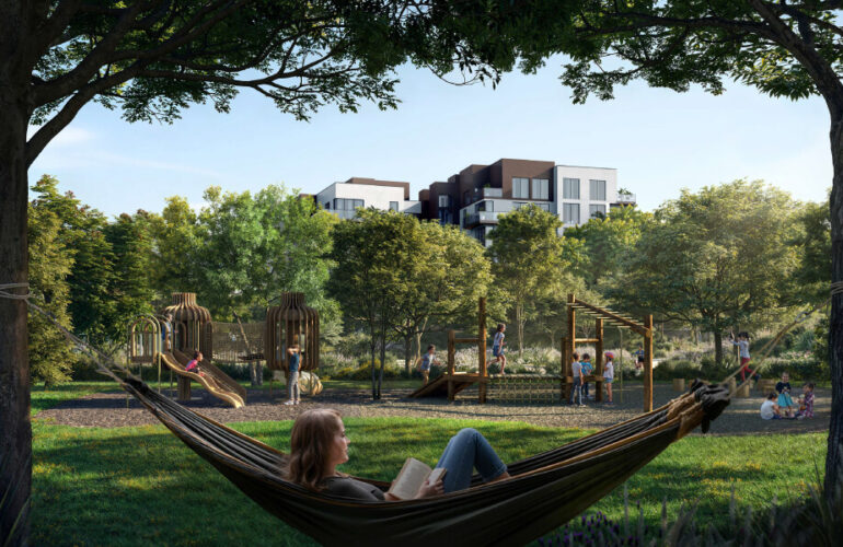 Enjoy peaceful green spaces with hammocks and relaxation areas at Capria at Ghafwoods by Majid Al Futtaim, perfect for unwinding in nature.