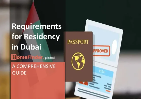 Residency in Dubai An image showing the UAE flag, a passport, and a visa document marked 'approved,' highlighting Requirements for Residency in Dubai part of a guide by HomeFinder.global.