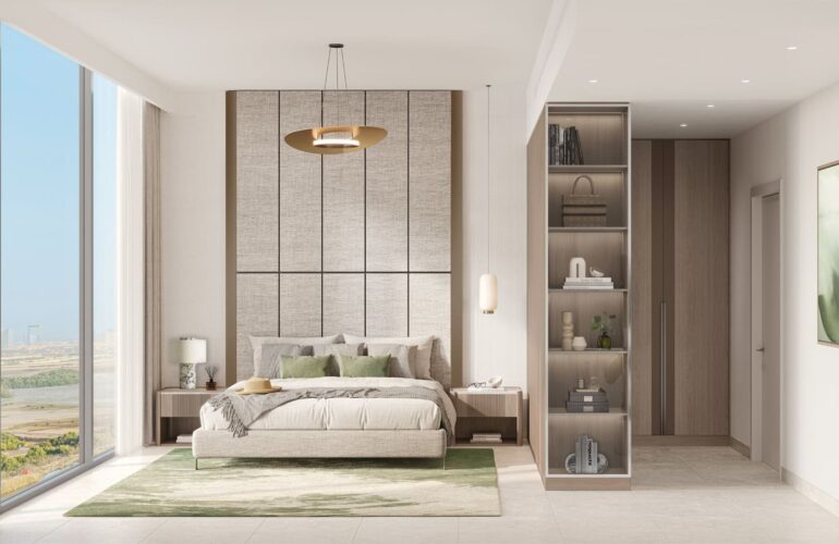 Contemporary bedroom with large windows, natural light, and minimalist furniture in Riverton