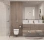 Stylish bathroom with walk-in shower, modern vanity, and warm-toned design in Riverton House.
