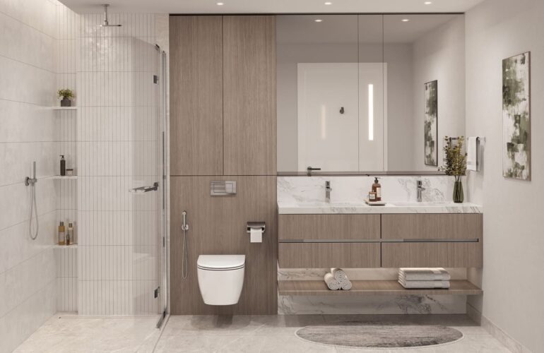 Stylish bathroom with walk-in shower, modern vanity, and warm-toned design in Riverton House.