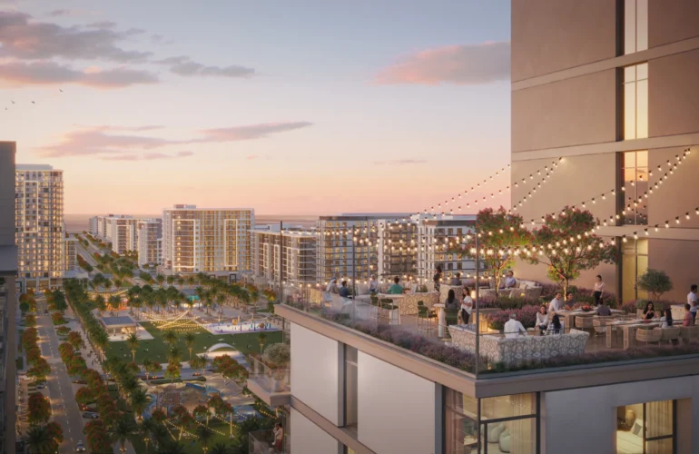 Sunset skyline and rooftop vibes at Alton by Nshama, Town Square Dubai.