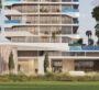 Entrance of the SAMANA Ocean Pearl apartment in Dubai, starting with green spaces and grass, leading to the apartment's entrance door