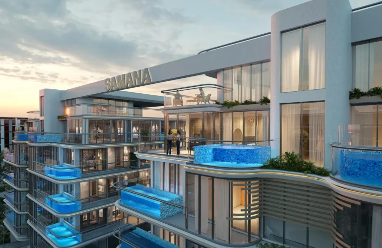 A modern building with balconies featuring private pools. The sleek, contemporary design of the Samana Rome project offers luxurious living spaces with expansive glass windows and a stylish exterior.