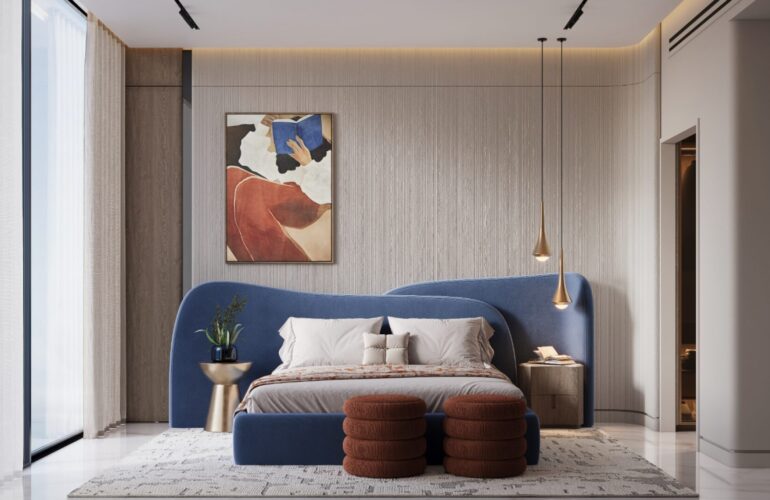 Stylish bedroom with a blue bed and modern décor at SAMANA Sky Views.