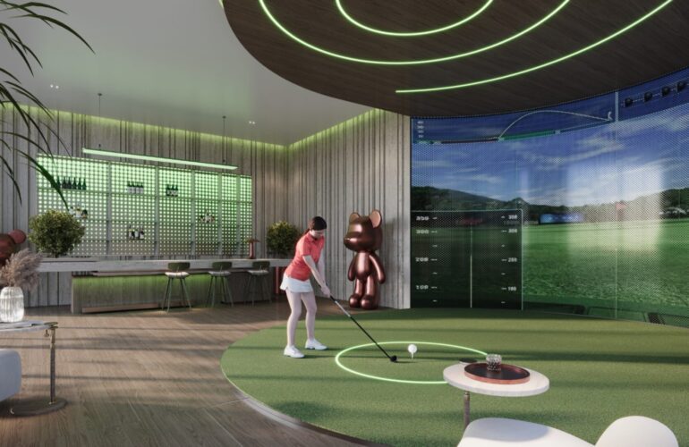 Golf simulator room with neon lighting and modern interiors at SAMANA Sky Views.