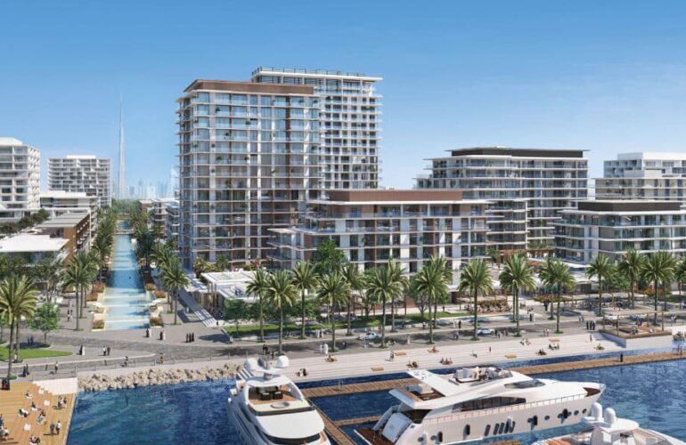 Waterfront residential buildings of Sera by Emaar Properties with yachts docked nearby in Dubai