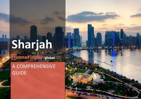 This image features the cover of a comprehensive guide to Sharjah, presented by HomeFinder Global. It showcases an evening view of Sharjah’s Al Majaz Waterfront with its beautifully lit skyline and reflective waterfront. The prominent text "Sharjah" is displayed, followed by "HomeFinder.global" and the subtitle "A Comprehensive Guide." The warm tones of the setting sun and city lights create an inviting atmosphere, highlighting the urban charm of Sharjah.