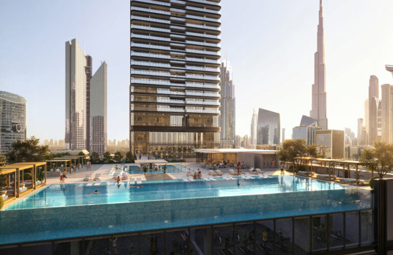 Luxury infinity pool at Trump Tower by DARGLOBAL in Dubai with Burj Khalifa backdrop