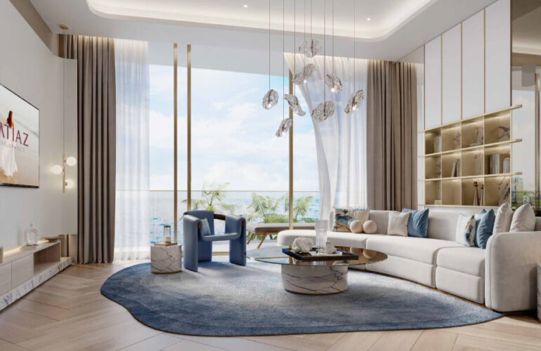Contemporary living room with stunning sea views at Beach Walk Grand Dubai