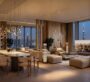 Open-plan living and dining room with Burj Khalifa views at DWTN Residences Dubai