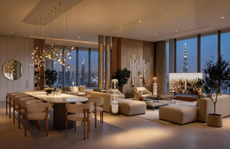 Open-plan living and dining room with Burj Khalifa views at DWTN Residences Dubai