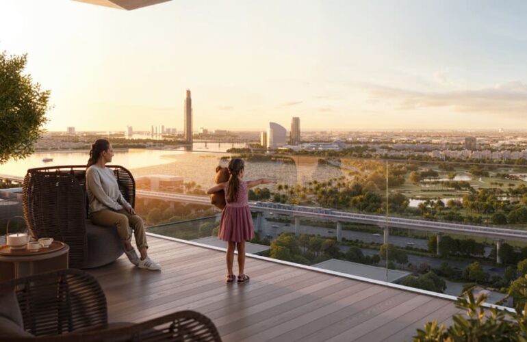 Stunning Dubai skyline view from Silva by Emaar balcony – family-friendly living with panoramic cityscapes.
