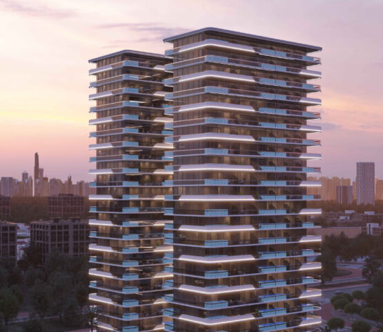 A breathtaking image of a luxury residential tower illuminated at dusk, with the Dubai skyline in the background, creating a mesmerizing cityscape.