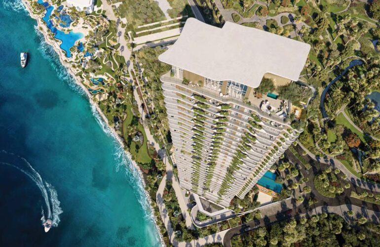 Aerial view of The Mural by Beyond in Dubai with beachfront and modern layout