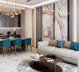 Contemporary living and dining area with modern furniture and marble floors