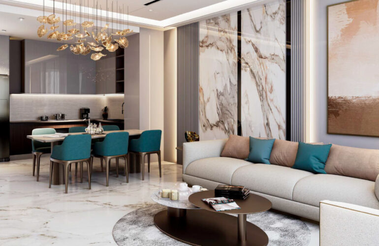 Contemporary living and dining area with modern furniture and marble floors