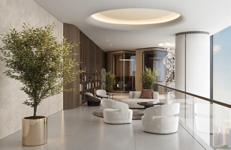 Minimalistic and bright lobby area of DWTN Residences in Dubai