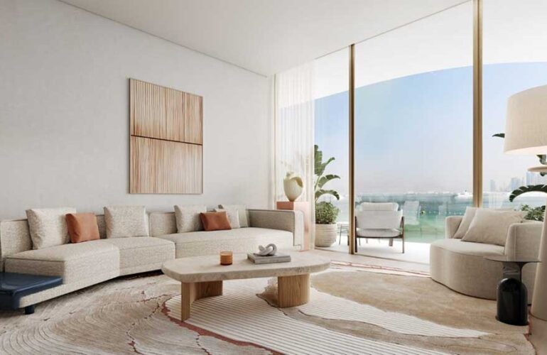 Cozy bedroom with natural tones and access to balcony in Dubai Harbour Residences