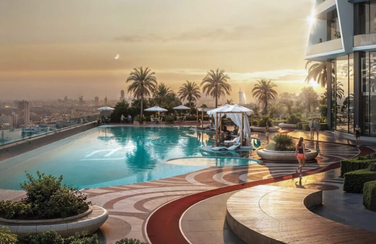Stunning sunset view from the pool deck at Binghatti Circle in Dubai