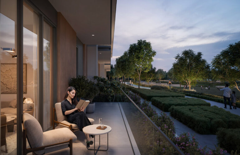 Private terrace with park views at Vida Residences Hillside Dubai