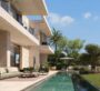 A photo taken from the side angle of a villa at The Acres Estates in Dubailand, showcasing the villa's yard. The yard features a large pool, surrounded by lush green spaces.