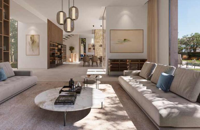 Living room at The Acres Estates in Dubailand with a three-seater sofa, large coffee table, and large windows facing the yard.