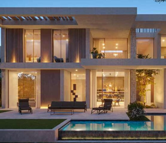 A photo of a villa at The Acres Estates in Dubailand, with the pool visible in the image. The photo was t