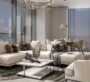 Stylish and spacious living room in The Eden with panoramic city views