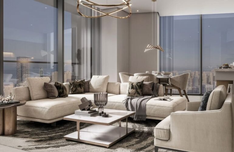 Stylish and spacious living room in The Eden with panoramic city views