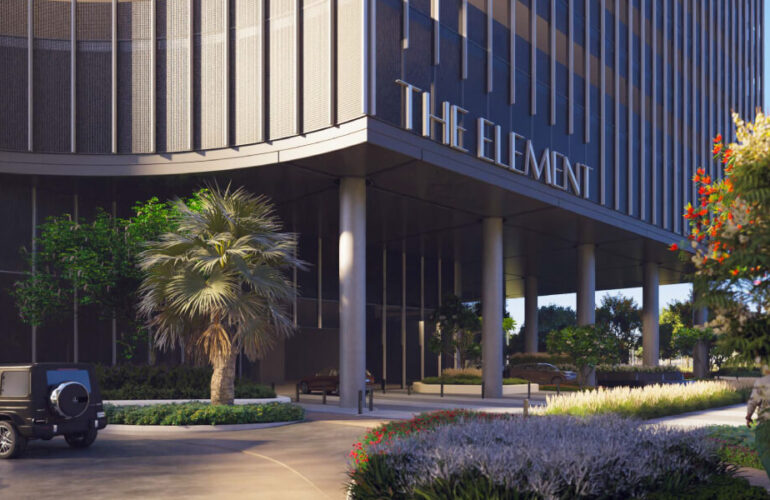 A view of The Element at Sobha One Apartments in Dubai, showing only the apartment's entrance with its name displayed above it.